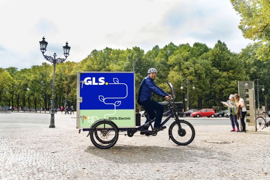 Livreur sur un vélo électrique devant un parc